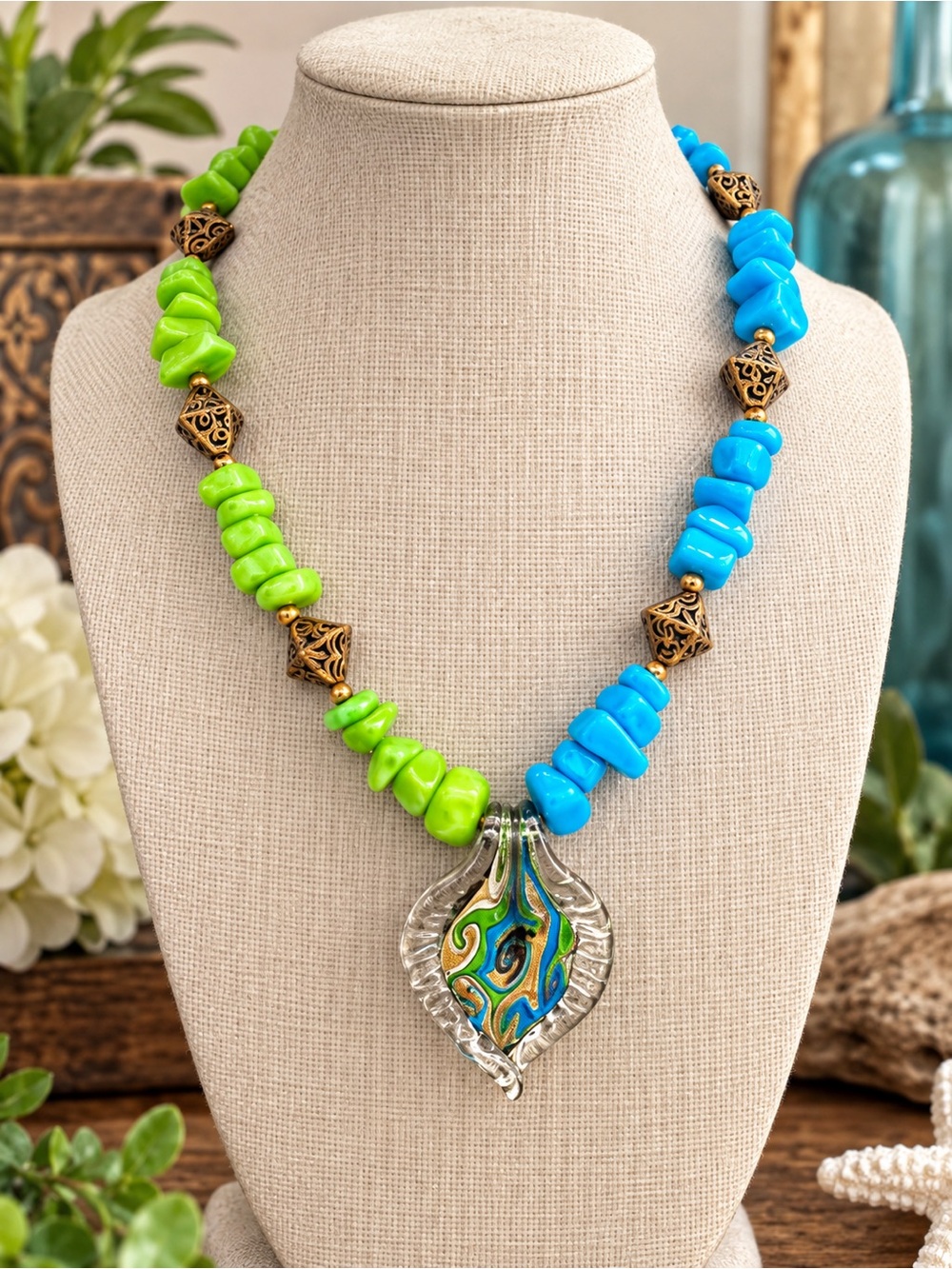 Artisan Jadeite Beaded Necklace with Murano Style Glass Leaf Pendant